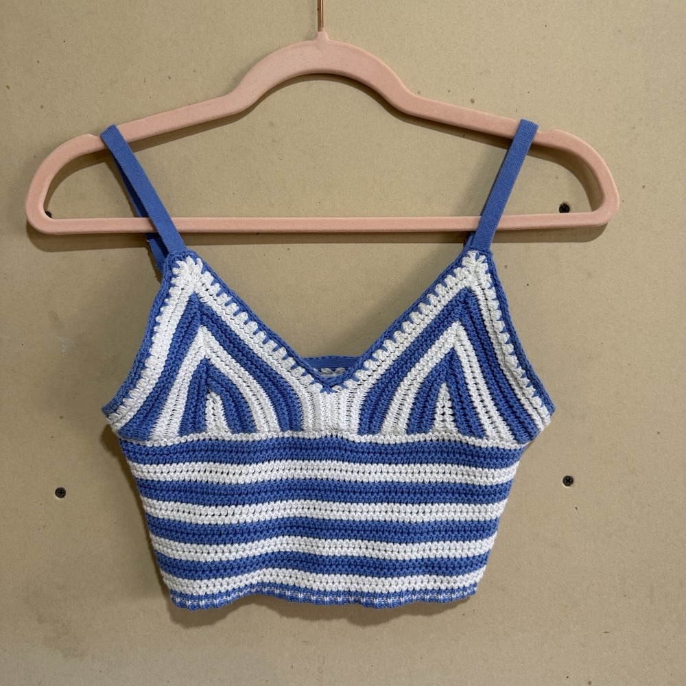 Hollister Blue White Striped Crochet Knit Crop Top Camisole Cami Lined XS
